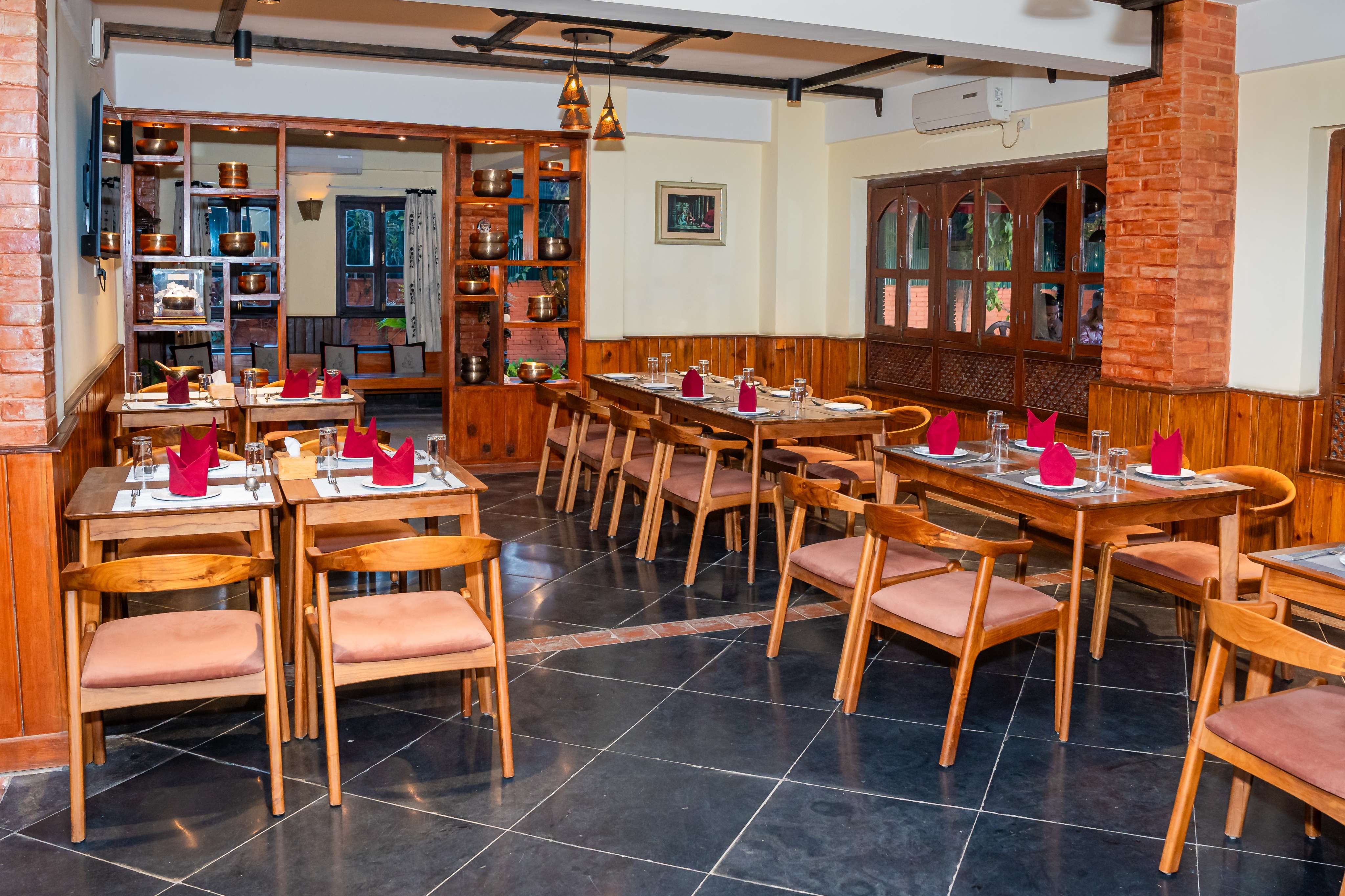 Hotel Yechu restaurant in Bhaktapur serving breakfast and meals in a relaxed setting designed for comfort during cultural stays.