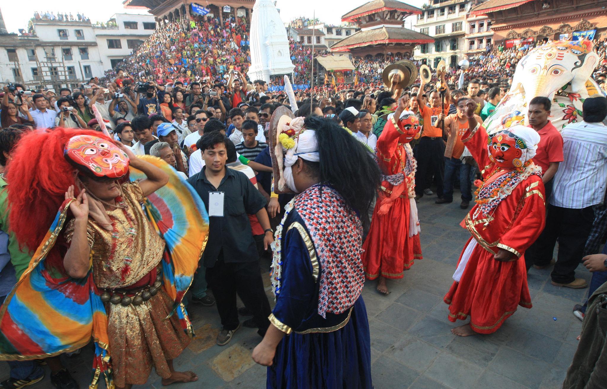 Indra Jatra celebration in Bhaktapur with traditional music, masked dances, and vibrant cultural rituals.